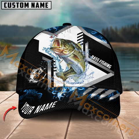 Maxcorners Largemouth Bass Fishing Blue Flame Sport Pattern Multicolor Personalized Name 3D Cap