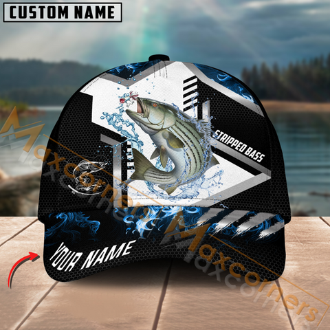 Maxcorners Stripped Bass Fishing Blue Flame Sport Pattern Multicolor Personalized Name 3D Cap