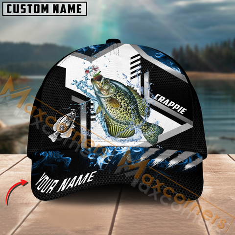 Maxcorners Crappie Fishing Blue Flame Sport Pattern Multicolor Personalized Name 3D Cap