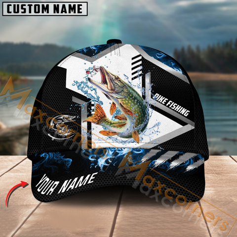 Maxcorners Pike Fishing Blue Flame Sport Pattern Multicolor Personalized Name 3D Cap