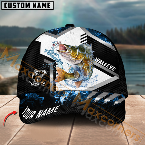 Maxcorners Walleye Fishing Blue Flame Sport Pattern Multicolor Personalized Name 3D Cap