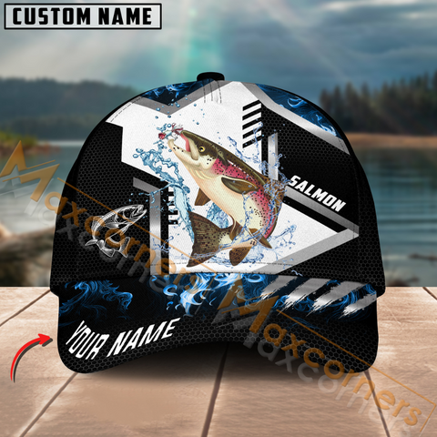 Maxcorners Salmon Fishing Blue Flame Sport Pattern Multicolor Personalized Name 3D Cap