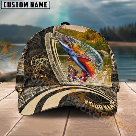 Maxcorners Trout Fishing Camo Leather Pattern Multicolor Personalized Name 3D Cap