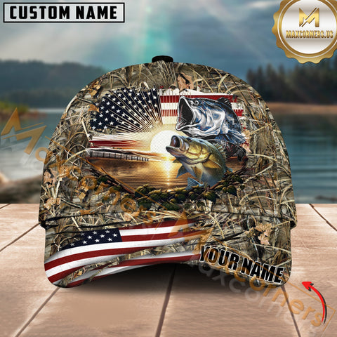 Maxcorners Largemouth Bass Fishing Sunset Flag Of United States Camo Pattern Multicolor Personalized Name 3D Cap