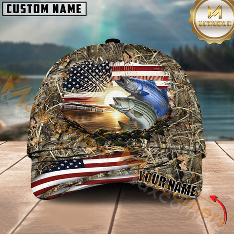 Maxcorners Stripped Bass Fishing Sunset Flag Of United States Camo Pattern Multicolor Personalized Name 3D Cap