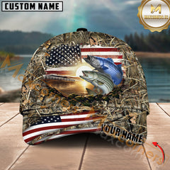 Maxcorners Stripped Bass Fishing Sunset Flag Of United States Camo Pattern Multicolor Personalized Name 3D Cap