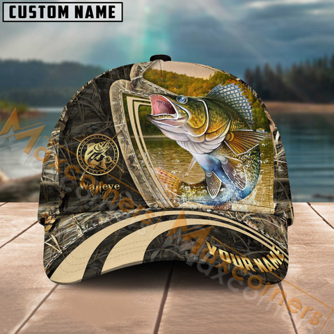 Maxcorners Walleye Fishing Camo Leather Pattern Multicolor Personalized Name 3D Cap