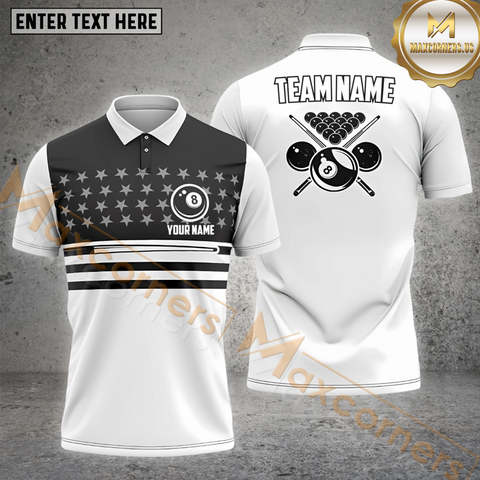 Maxcorners Black White 8 Ball American Flag Patriot Billiard Jersey Customized Name, Team Name 3D Polo Shirt