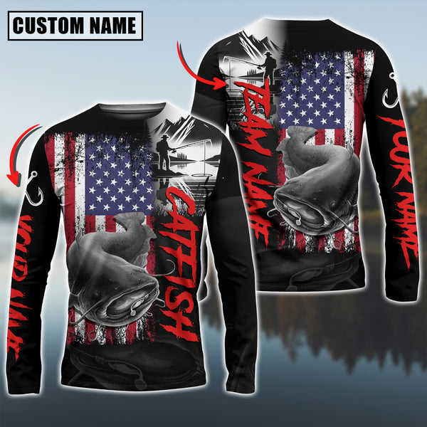 Maxcorners Catfish Fishing Black US Flag Pattern Sport Custom Name & Team Name 3D Shirts