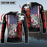 Maxcorners Salmon Fishing Black US Flag Pattern Sport Custom Name & Team Name 3D Shirts