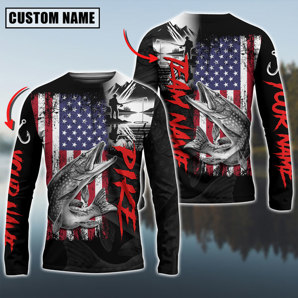 Maxcorners Pike Fishing Black US Flag Pattern Sport Custom Name & Team Name 3D Shirts