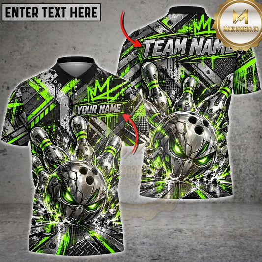 Maxcorners Bowling Cyber Skull Crown Geometric Grid Lines Pins Strike Artwork Multicolor Customized Name, Team Name 3D Shirts