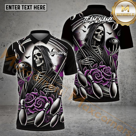 Maxcorners  Bowling Ball Rose Skull Pattern Multicolor Options Personalized Name, Team Name 3D Shirt (4 Colors)
