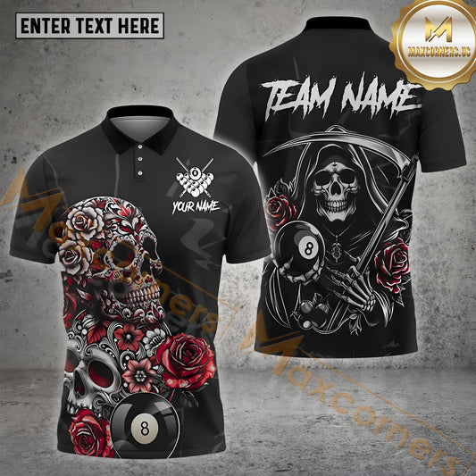 Maxcorners Billiard Dark Reaper & Rose 8 Ball Multicolor Options Personalized Name, Team Name 3D Shirt (4 Colors)