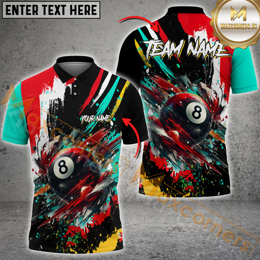 Maxcorners Billiard 8 Ball Colorful Paint Style Jersey Sport Multicolor Options Personalized Name, Team Name 3D Polo Shirt (4 Colors)