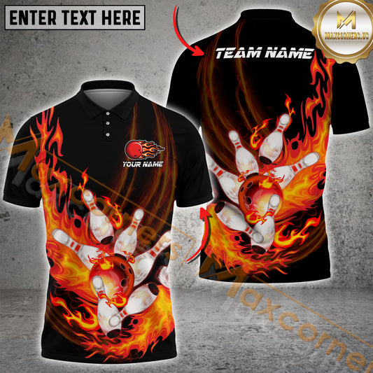 Maxcorner Bowling Ball & Pins Flame Multicolor Option Customized Name 3D Shirt (6 Colors)