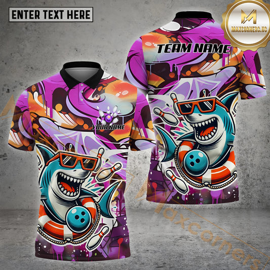 Maxcorners Bowling Ball Shark Graffiti Pattern Multicolor Option Customized Name, Team Name 3D Shirt (4 colors)