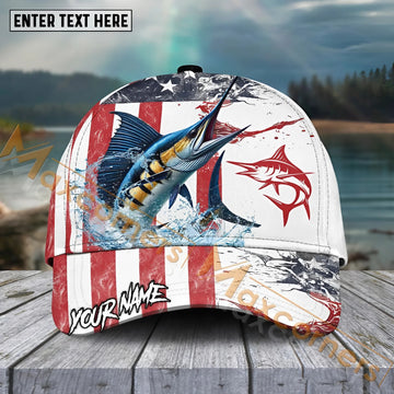 Maxcorners Marlin Fishing Red Blue Seawwave American Flag Pattern Sport Pattern Personalized Name 3D Cap MT173