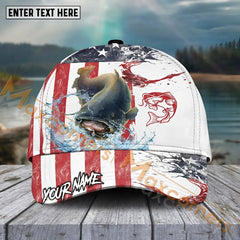 Maxcorners Catfish Fishing Red Blue Seawwave American Flag Pattern Sport Pattern Personalized Name 3D Cap MT173