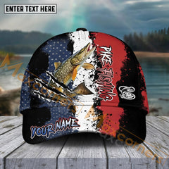 Maxcorners Pike Fishing Paint Scratch American Flag Pattern Sport Pattern Personalized Name 3D Cap MT173