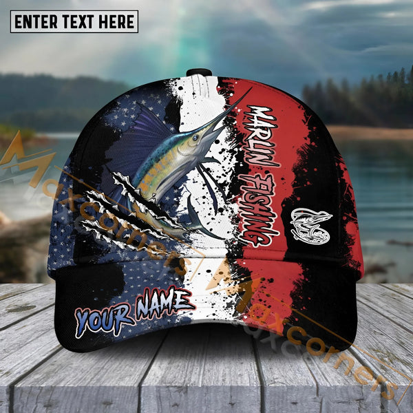Maxcorners Marlin Fishing Paint Scratch American Flag Pattern Sport Pattern Personalized Name 3D Cap MT173