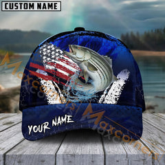 Maxcorners Striped Bass FishingDark Blue Scratch American Flag Pattern Sport Pattern Personalized Name 3D Cap MT173