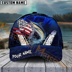 Maxcorners Marlin Fishing Dark Blue Scratch American Flag Pattern Sport Pattern Personalized Name 3D Cap MT173