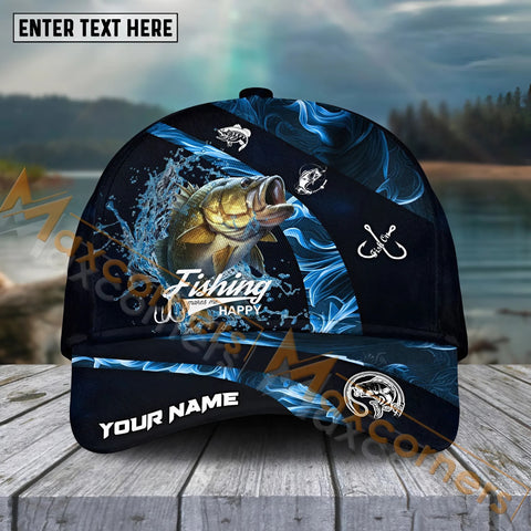 Maxcorners Bass Fishing Blue Smoke Sport Pattern Personalized Name 3D Cap