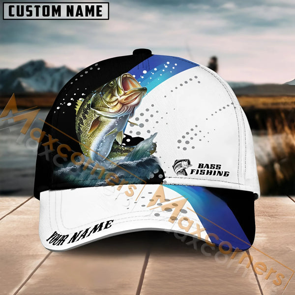 Maxcorners Bass Fishing Blue Camo Sport Pattern Personalized Name 3D Cap