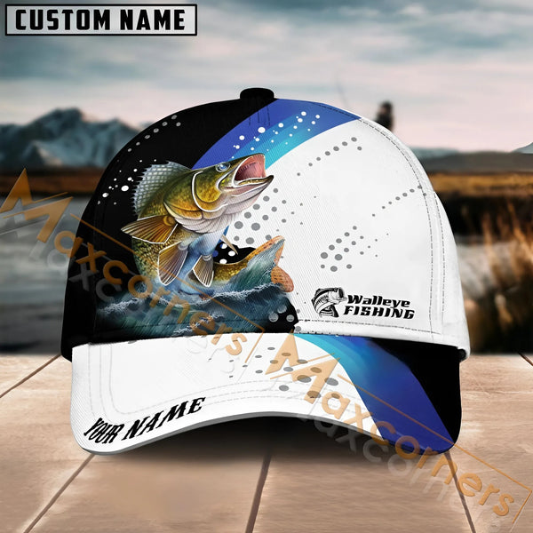Maxcorners Walleye Fishing Blue Camo Sport Pattern Personalized Name 3D Cap
