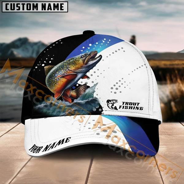 Maxcorners Trout Fishing Blue Camo Sport Pattern Personalized Name 3D Cap