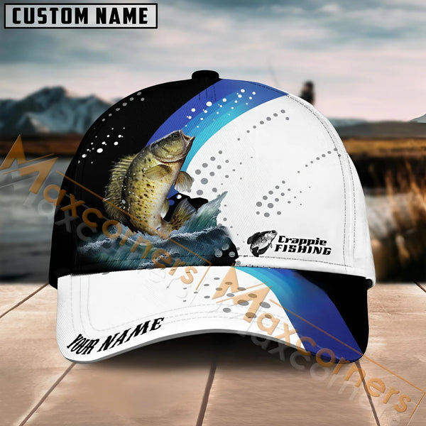 Maxcorners Crappie Fishing Blue Camo Sport Pattern Personalized Name 3D Cap