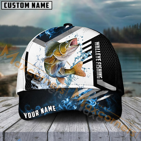Maxcorners Walleye Fishing Blue Flame Sport Pattern Personalized Name 3D Cap