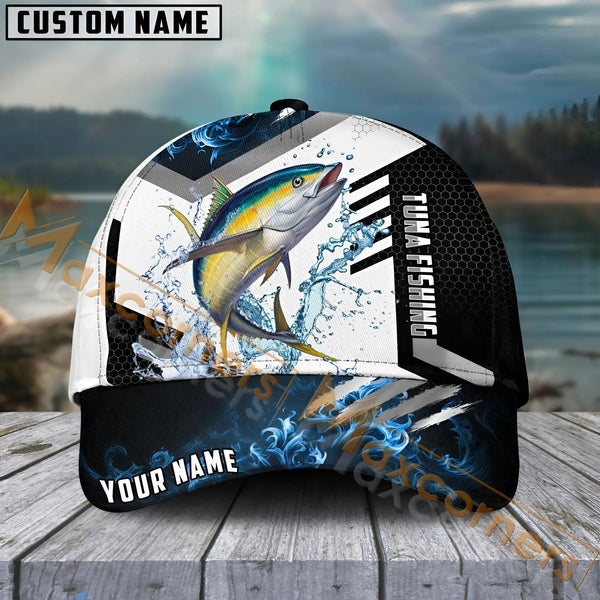 Maxcorners Tuna Fishing Blue Flame Sport Pattern Personalized Name 3D Cap