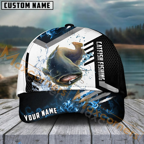 Maxcorners Catfish Fishing Blue Flame Sport Pattern Personalized Name 3D Cap