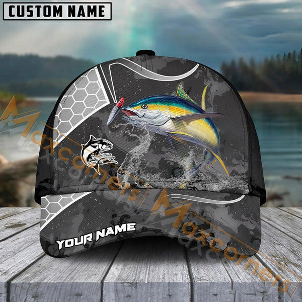 Maxcorners Tuna Fishing Gray Camo Sport Pattern Personalized Name 3D Cap