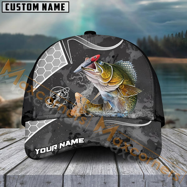 Maxcorners Walleye Fishing Gray Camo Sport Pattern Personalized Name 3D Cap
