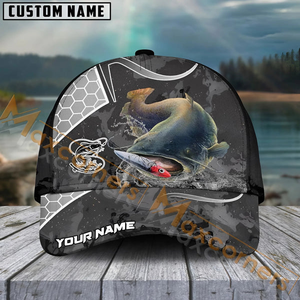 Maxcorners Catfish Fishing Gray Camo Sport Pattern Personalized Name 3D Cap