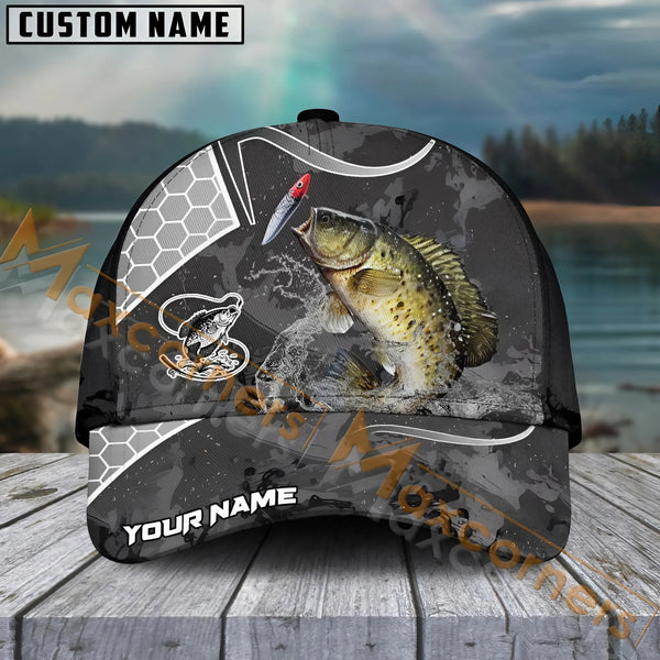 Maxcorners Crappie Fishing Gray Camo Sport Pattern Personalized Name 3D Cap