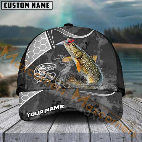 Maxcorners Pike Fishing Gray Camo Sport Pattern Personalized Name 3D Cap