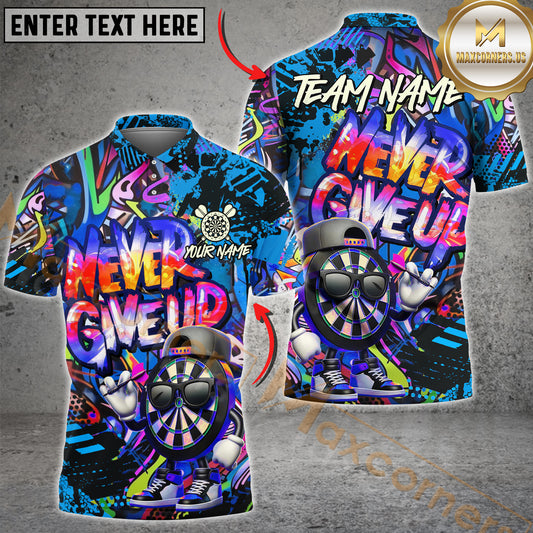 Maxcorners Graffiti Darts Funny Never Give Up Dartboard Multicolor Options Personalized Name, Team Name 3D Polo Shirt (4 Colors)