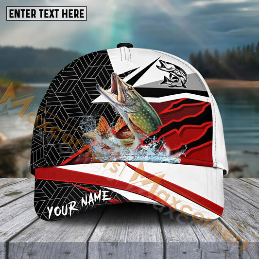 Maxcorners Pike Fishing Red White Pattern Sport Pattern Personalized Name 3D Cap MT173