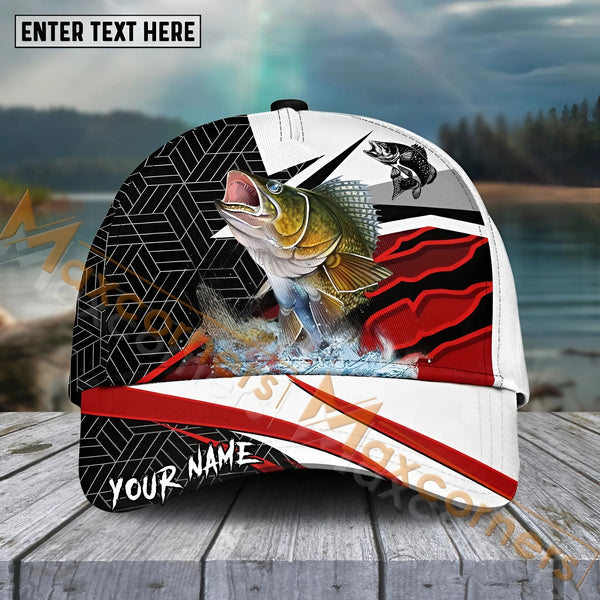 Maxcorners Walleye Fishing Red White Pattern Sport Pattern Personalized Name 3D Cap MT173