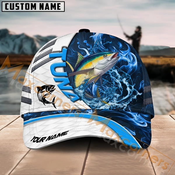 Maxcorners Tuna Fishing White Blue Lava Sport American Flag Pattern Sport Pattern Personalized Name 3D Cap MT173