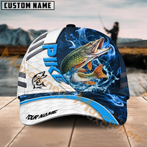 Maxcorners Pike Fishing White Blue Lava Sport American Flag Pattern Sport Pattern Personalized Name 3D Cap MT173