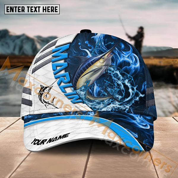 Maxcorners Marlin Fishing White Blue Lava Sport American Flag Pattern Sport Pattern Personalized Name 3D Cap MT173