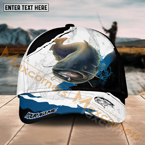 Maxcorners Catfish Fishing Black White Water Flow Pattern Sport Pattern Personalized Name 3D Cap MT173