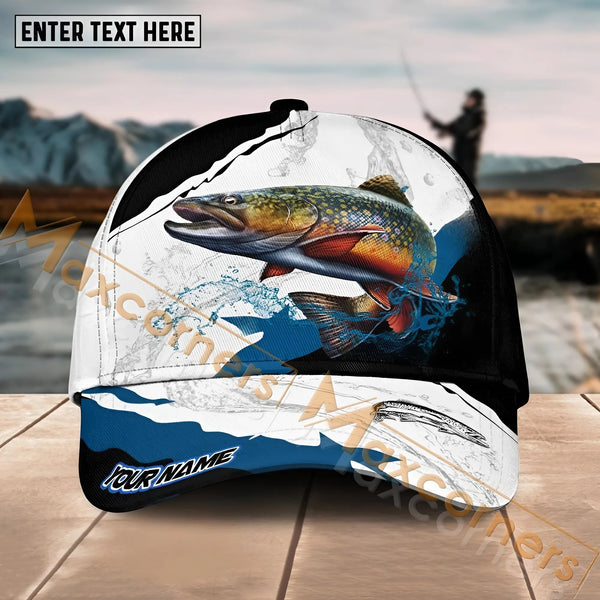 Maxcorners Trout Fishing Black White Water Flow Pattern Sport Pattern Personalized Name 3D Cap MT173