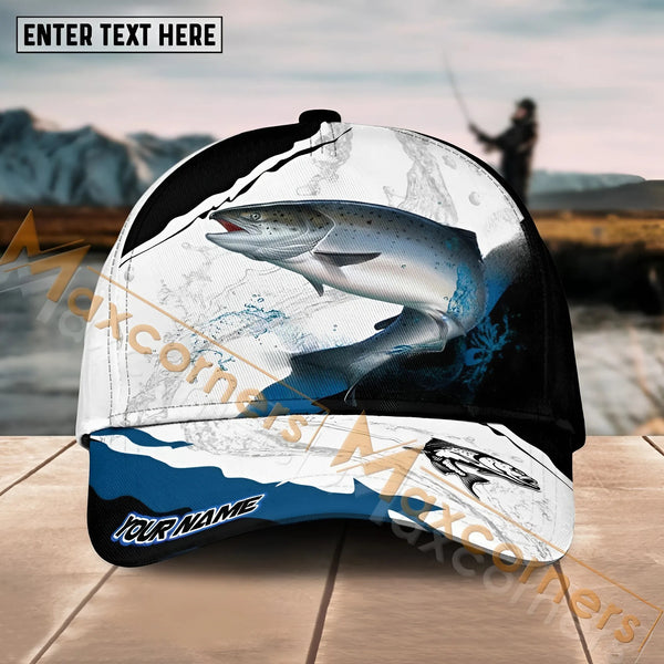 Maxcorners Salmon Fishing Black White Water Flow Pattern Sport Pattern Personalized Name 3D Cap MT173