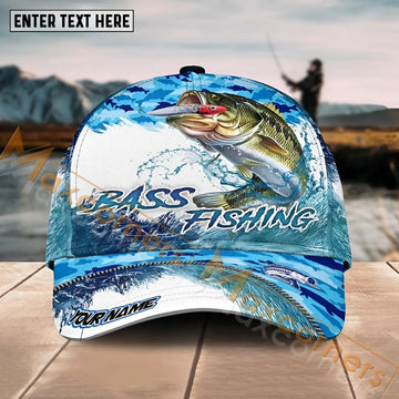 Maxcorners Bass Fishing Blue Water Camo Pattern Sport Pattern Personalized Name 3D Cap MT173